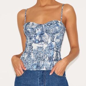 Blue Renaissance Print Structured Corset Top